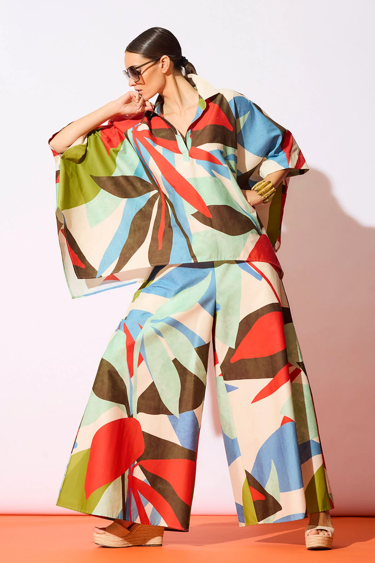 Abstract Palm Cotton Poplin Oversized Caftan Top - Image 6