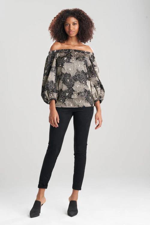 All Over Embroidered Off Shoulder Silk Charm Top - Image 8