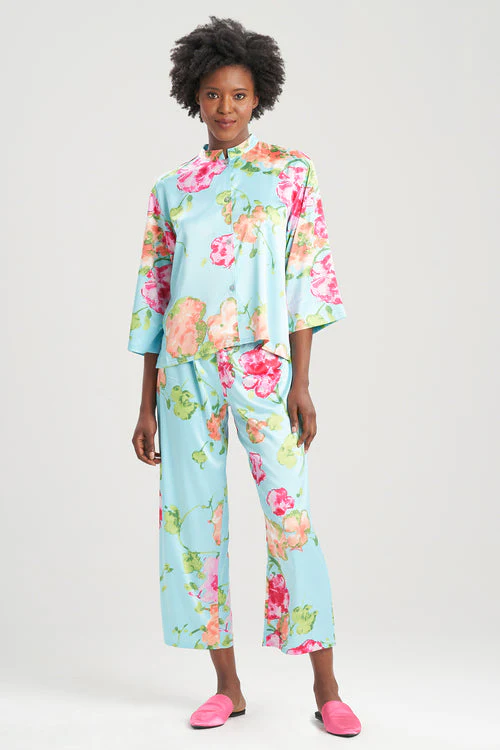Bouquet-Printed Matte Satin Mandarin PJ