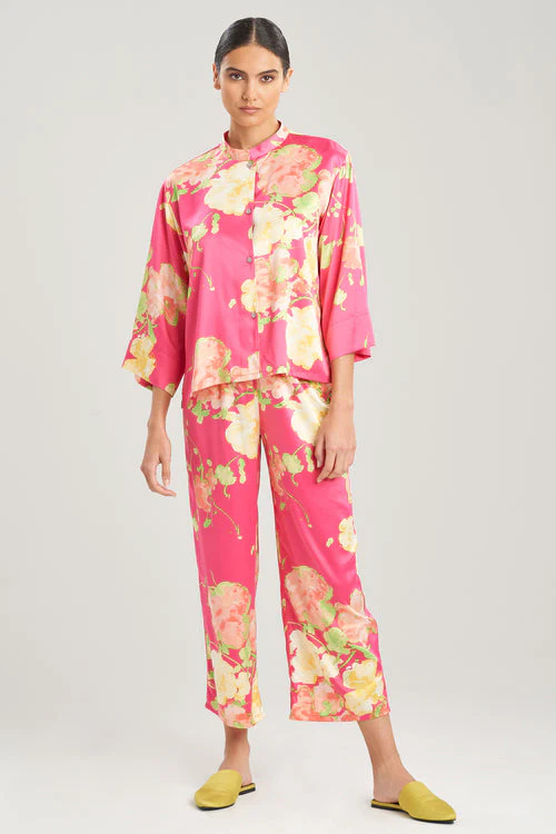 Bouquet-Printed Matte Satin Mandarin PJ