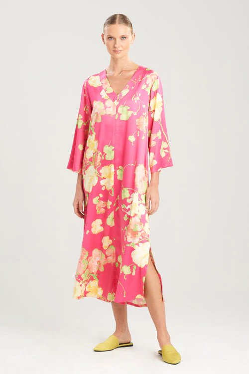Bouquet-Printed Matte Satin Zip Caftan