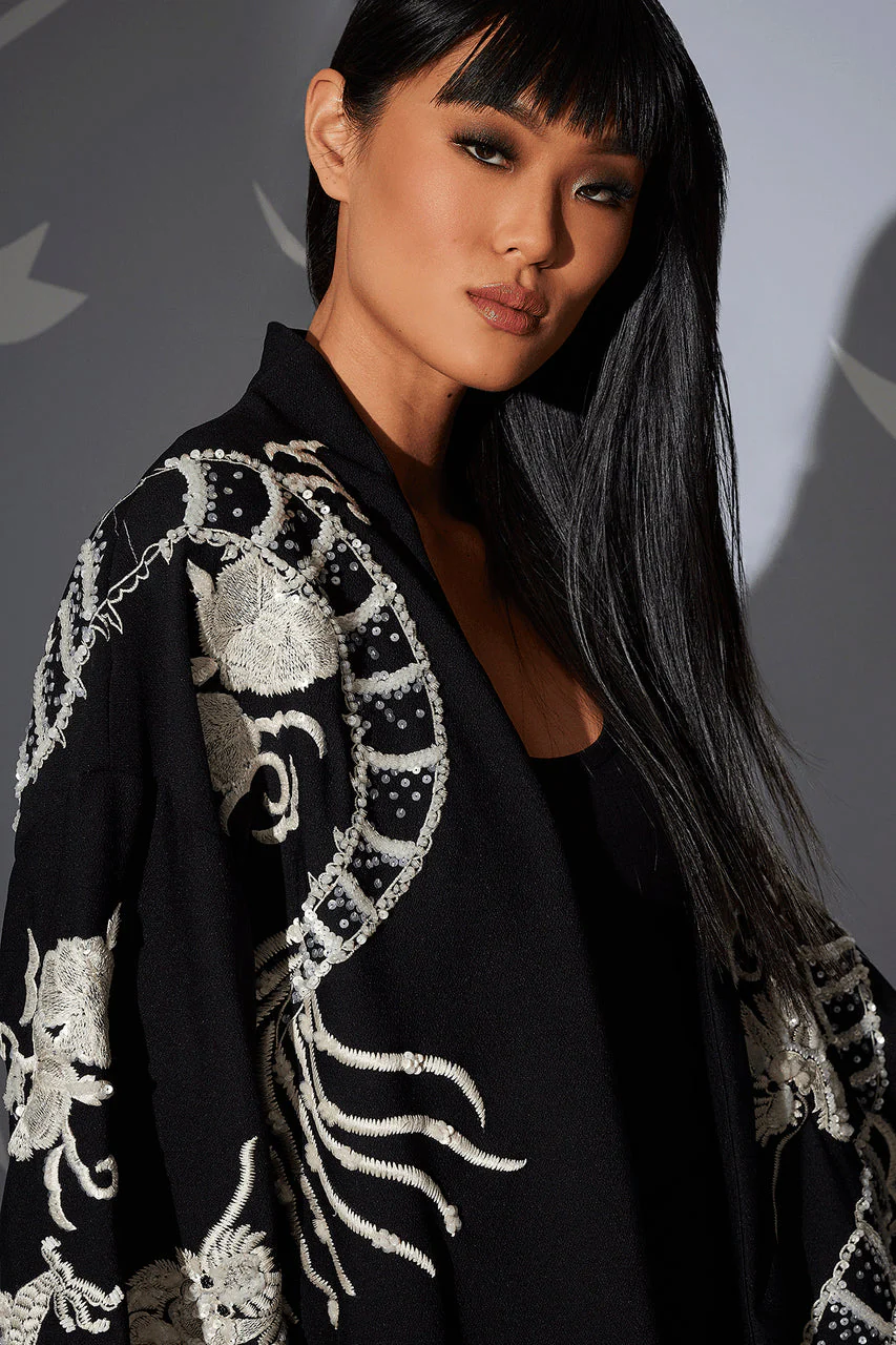 Compact Knit Crepe Embroidered Dragon Caban Jacket - Image 2