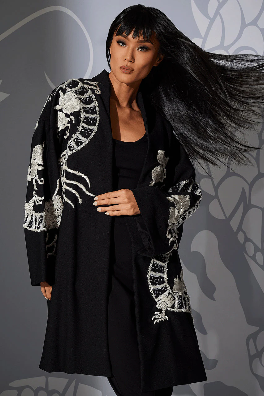 Compact Knit Crepe Embroidered Dragon Caban Jacket - Image 6