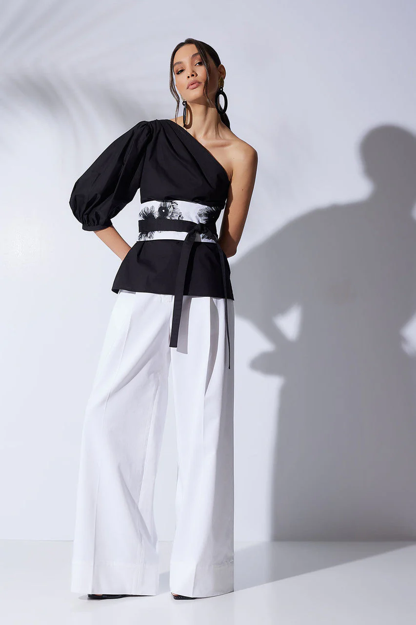 Cotton Poplin Balloon One Shoulder Top - Image 4