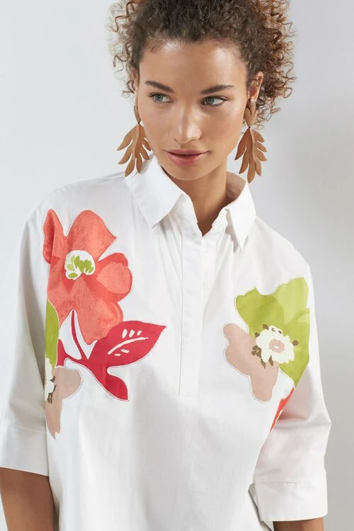 Cotton Poplin Embroidered Collared Top - Image 7