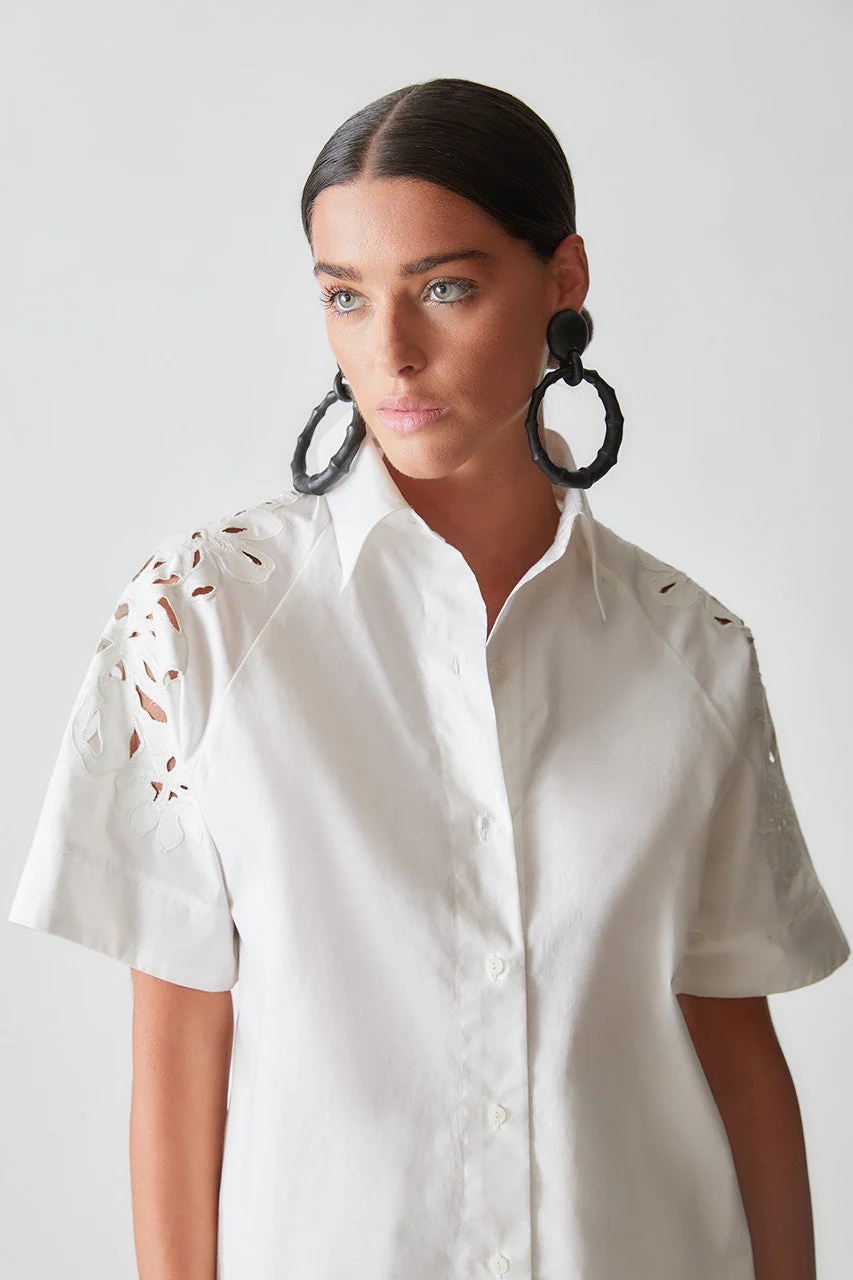 Cotton Poplin Embroidered Short Sleeve Shirt - Image 3