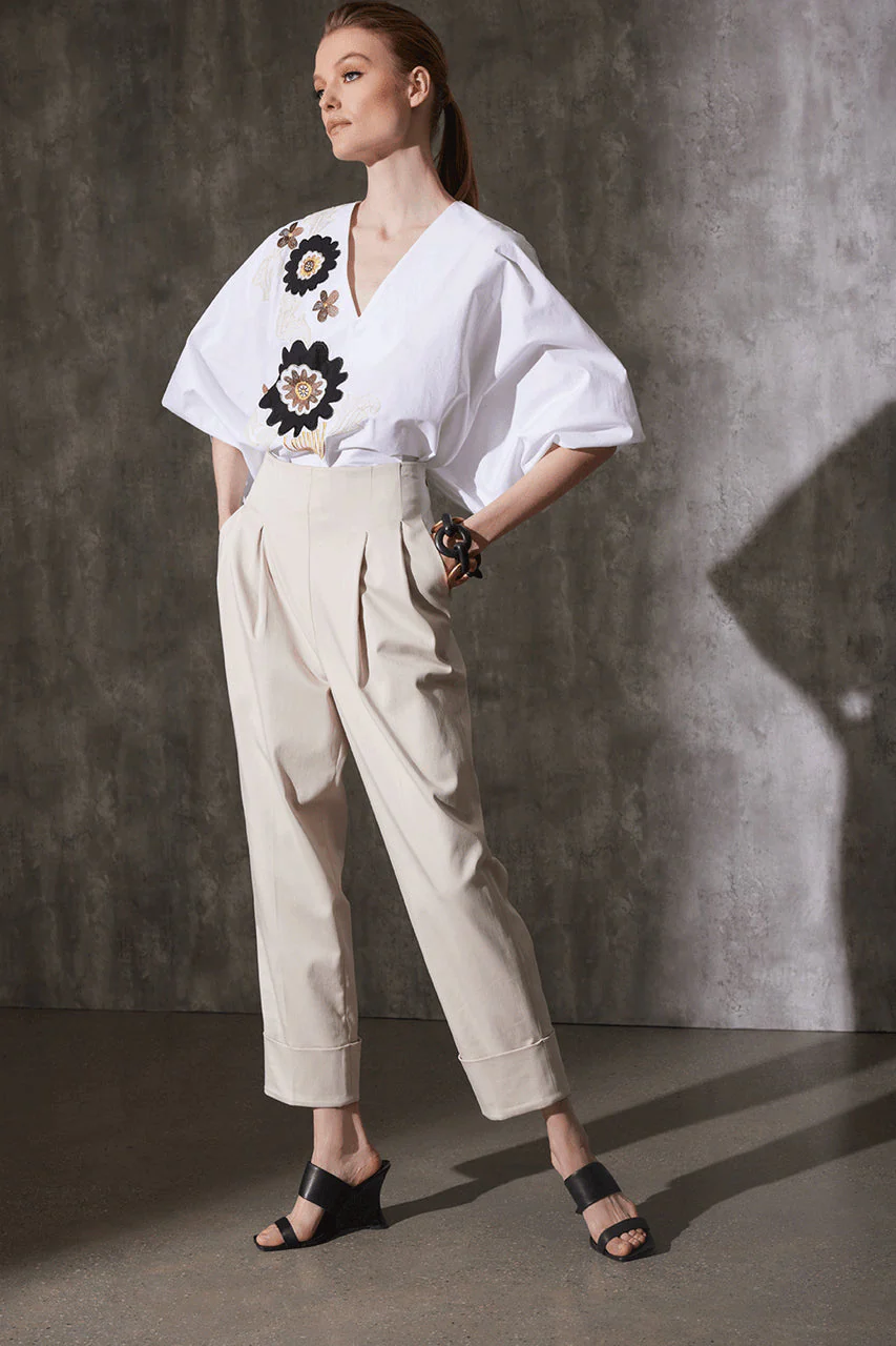 Cotton Poplin Embroidered V-Neck Top - Image 3
