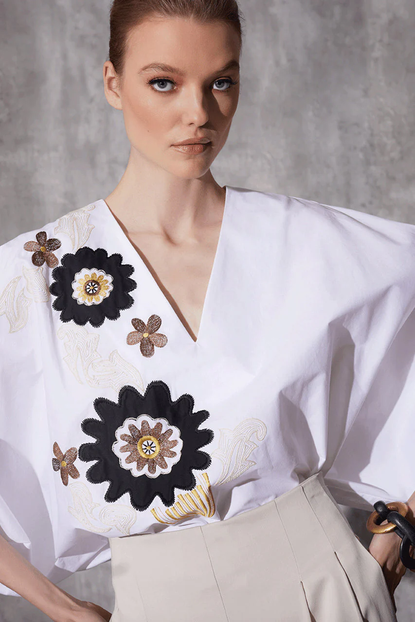 Cotton Poplin Embroidered V-Neck Top - Image 4