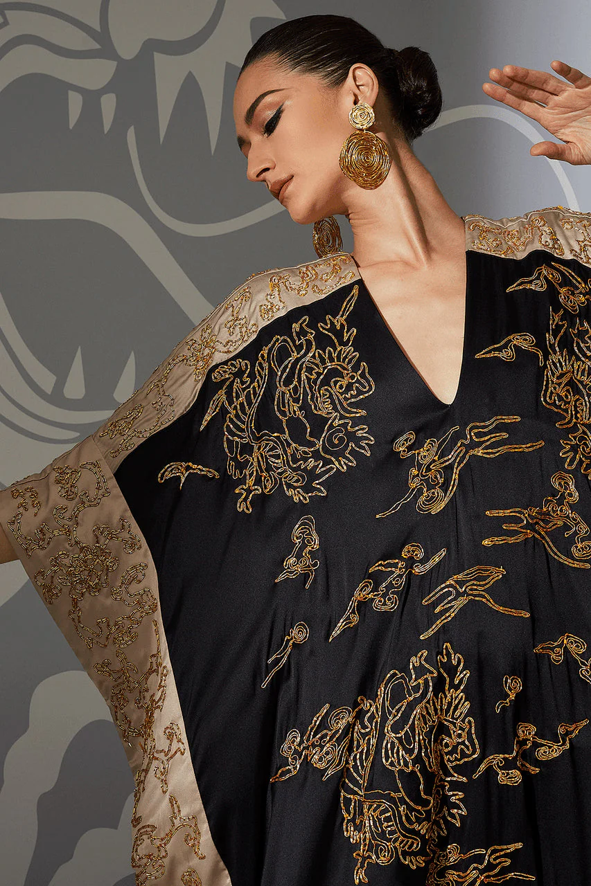 Couture Dragon Embroidered Cocoon Silk Caftan - Image 4