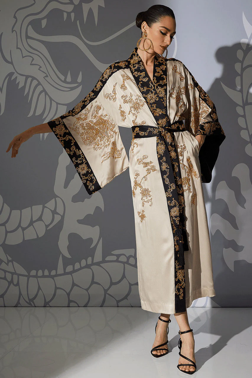 Couture Dragon Embroidered Drop Sleeve Silk Robe - Image 3