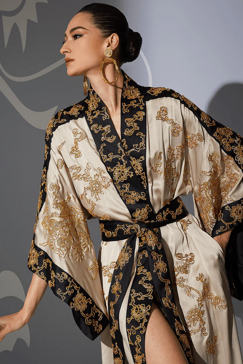 Couture Dragon Embroidered Drop Sleeve Silk Robe - Image 4