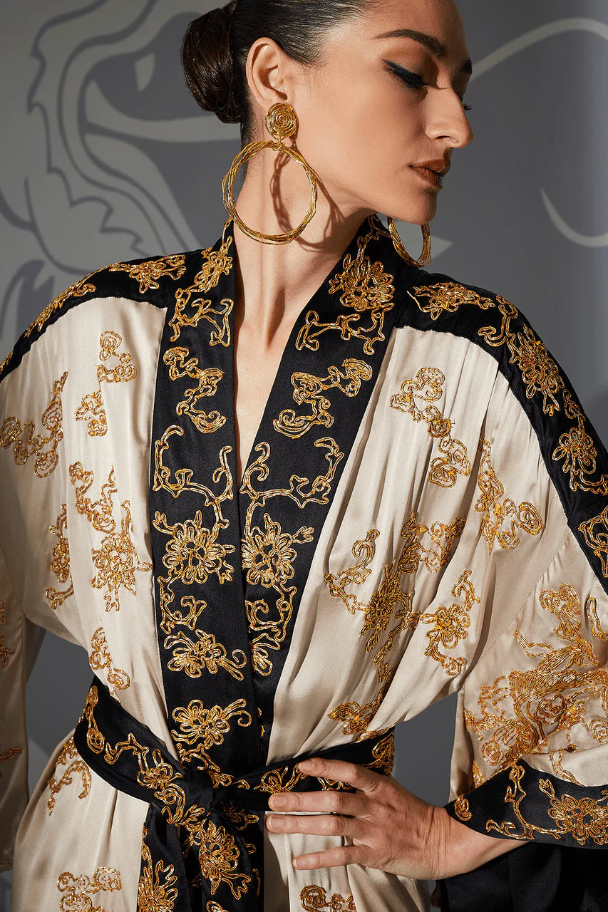 Couture Dragon Embroidered Drop Sleeve Silk Robe - Image 5