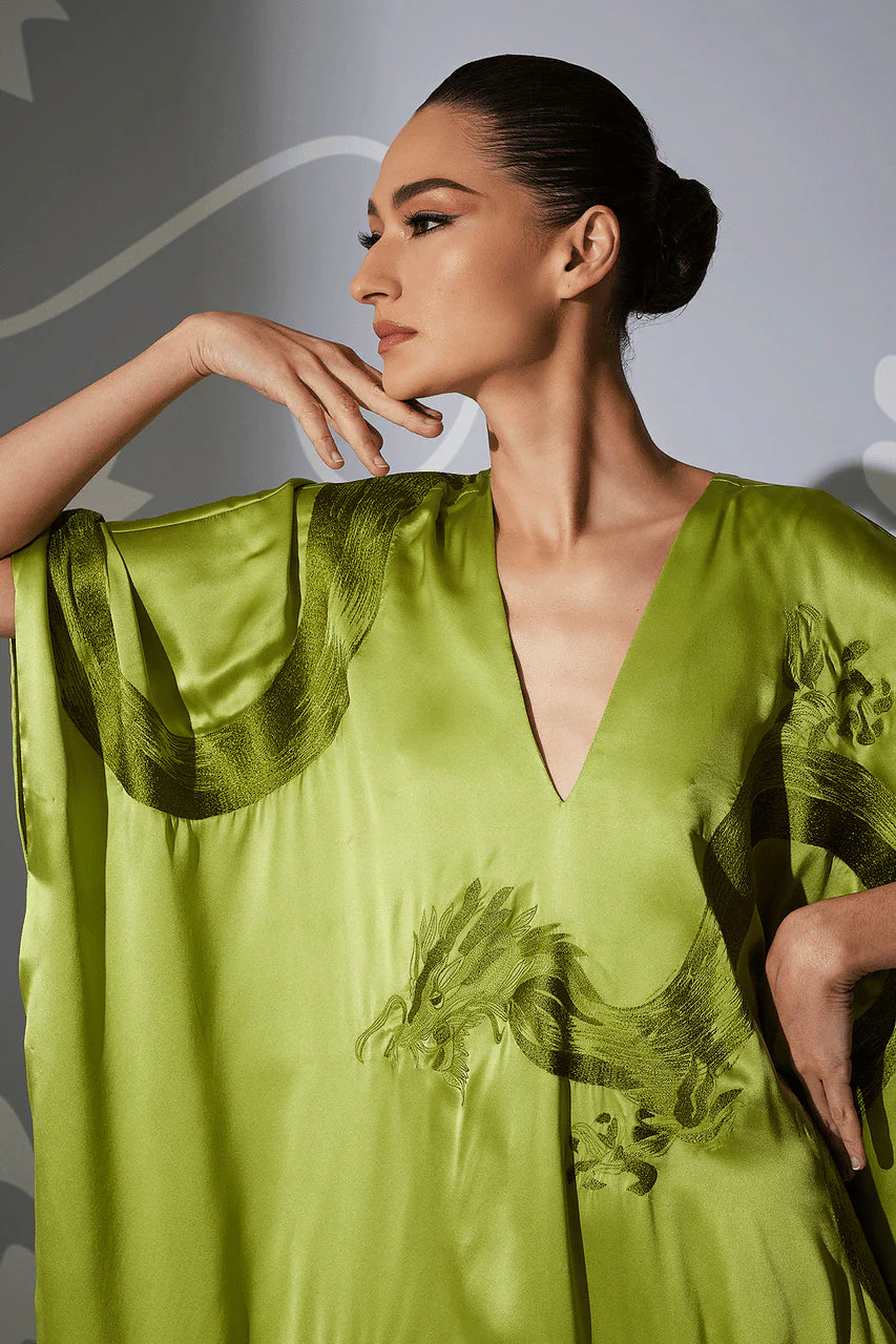 Couture Ink Dragon Embroidered Cocoon Silk Caftan