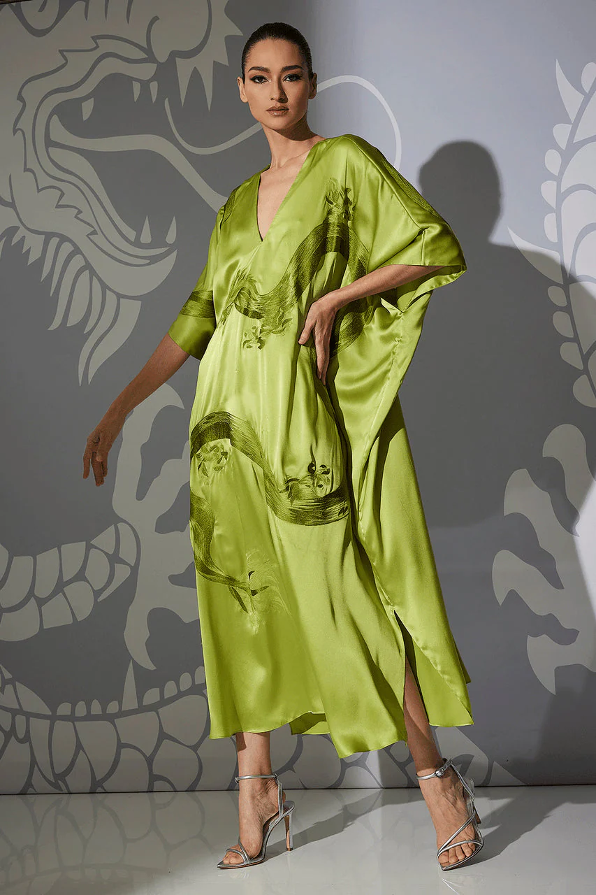 Couture Ink Dragon Embroidered Cocoon Silk Caftan - Image 4