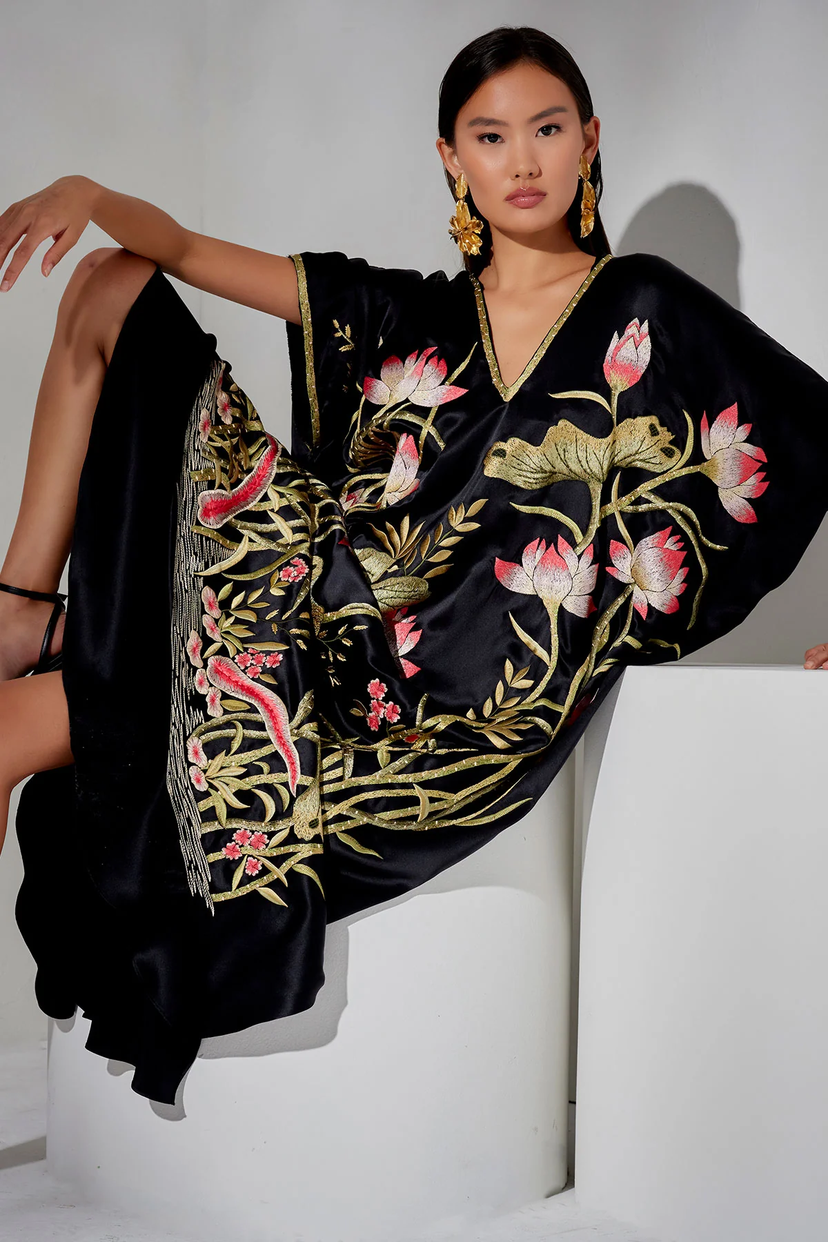 Couture Lotus Embroidered Cocoon Silk Caftan