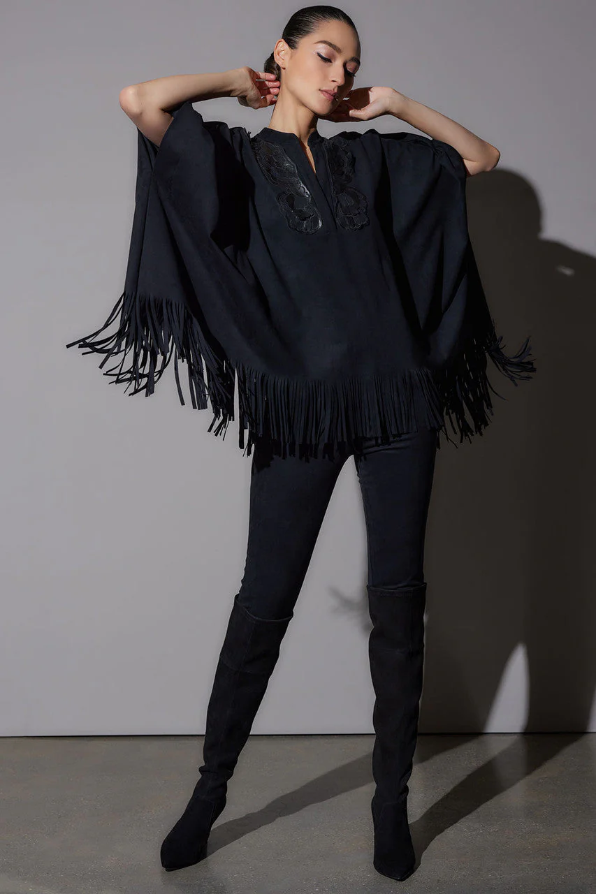 Faux Suede Half Placket Applique Poncho Shirt - Image 2
