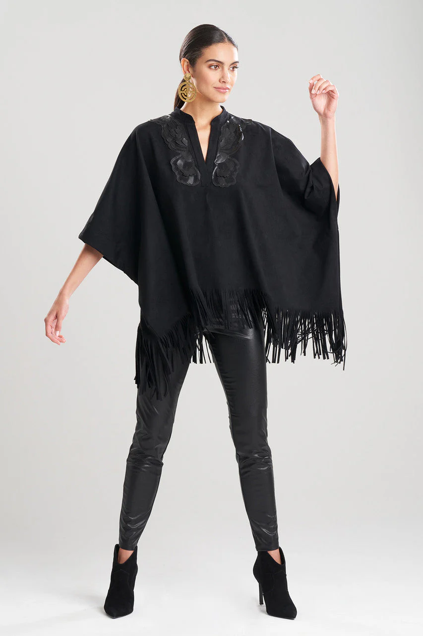 Faux Suede Half Placket Applique Poncho Shirt - Image 4