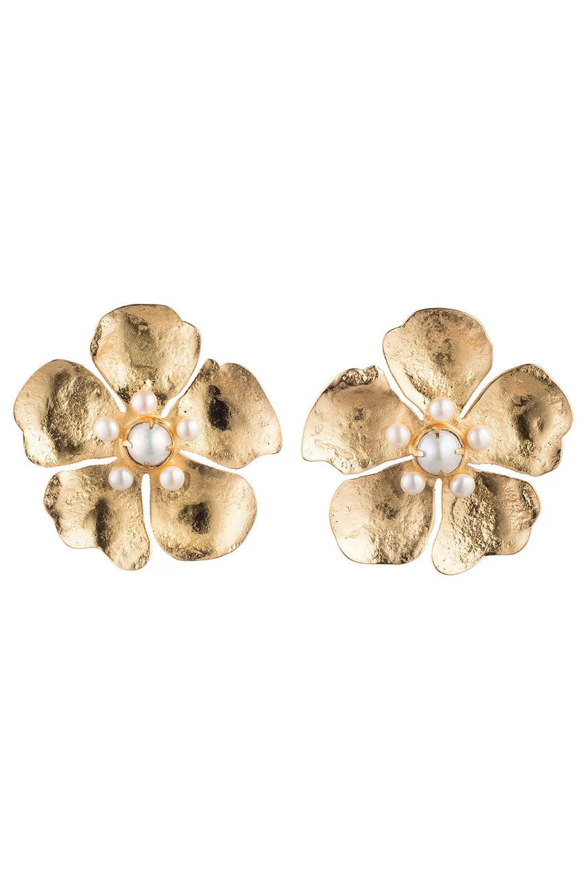 Gold Brass Peony Clip Earrings With Pearl - Image 2