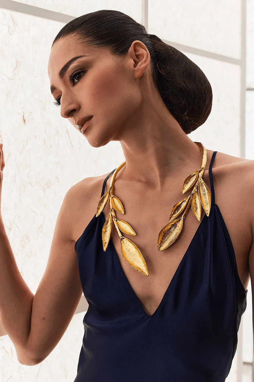 Gold Plated Leaf Long Choker Necklace - Image 2