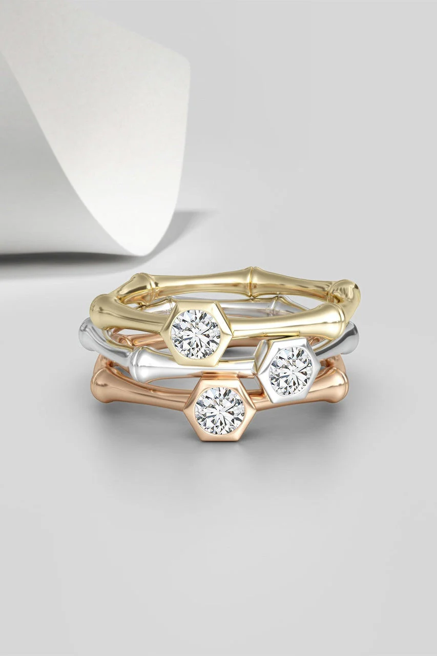 Indochine 14k Hex Frame Diamond Solitaire Bamboo Ring