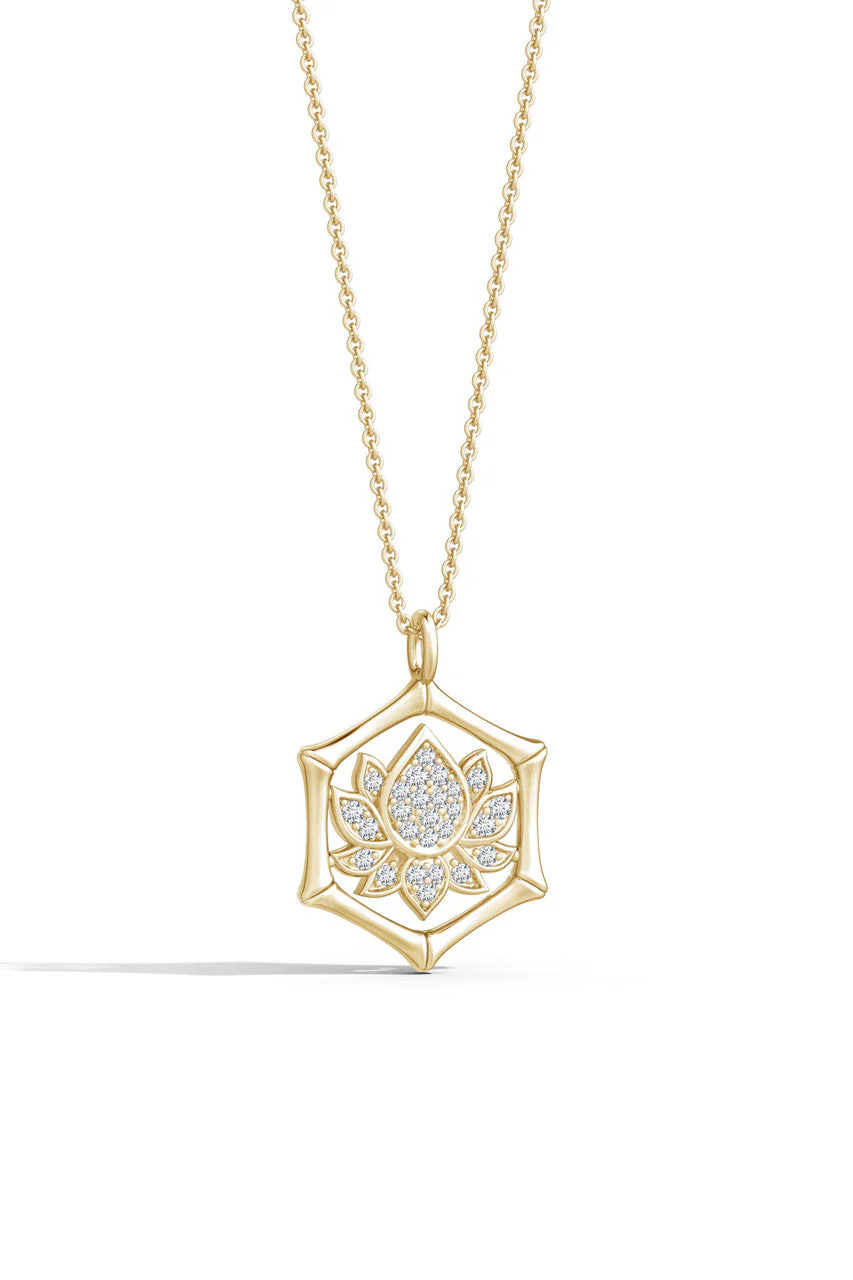 Indochine Spirit 14k Bamboo Frame Lotus Diamond Pendant Necklace - Image 2