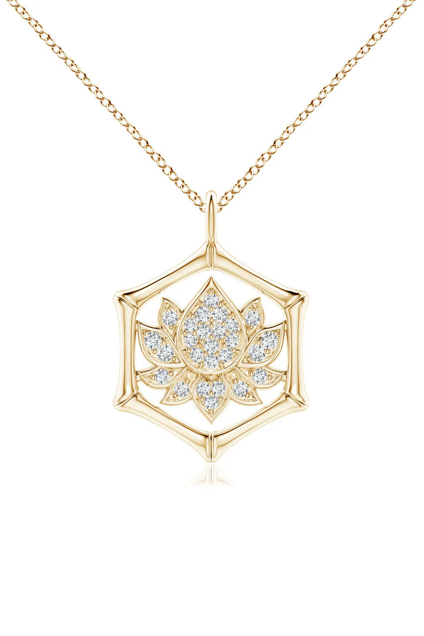 Indochine Spirit 14k Bamboo Frame Lotus Diamond Pendant Necklace - Image 4