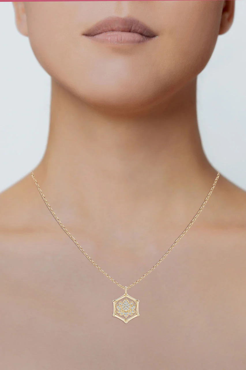 Indochine Spirit 14k Bamboo Frame Lotus Diamond Pendant Necklace - Image 5