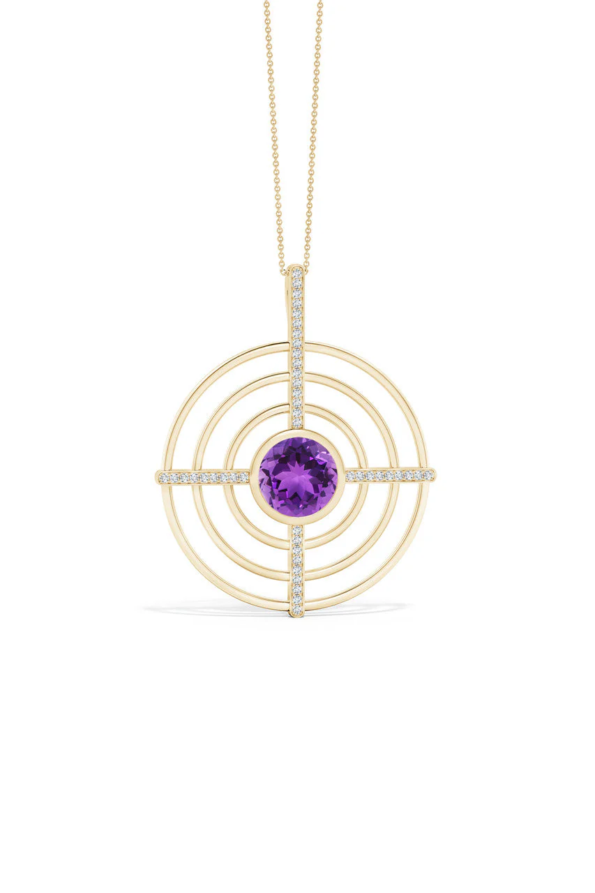Infinity Concentric Circle 14K Gold and Amethyst Pendant Necklace - Image 3