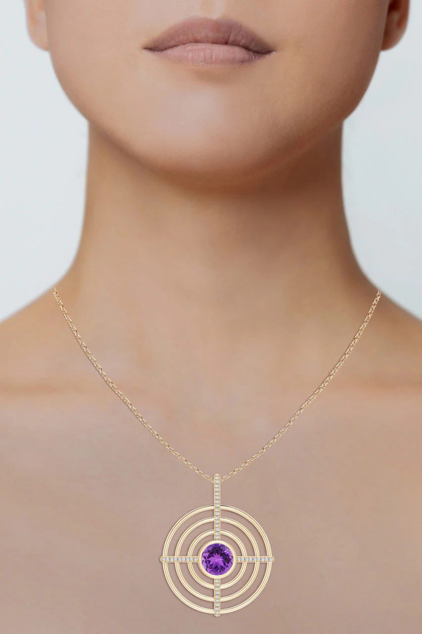 Infinity Concentric Circle 14K Gold and Amethyst Pendant Necklace - Image 5