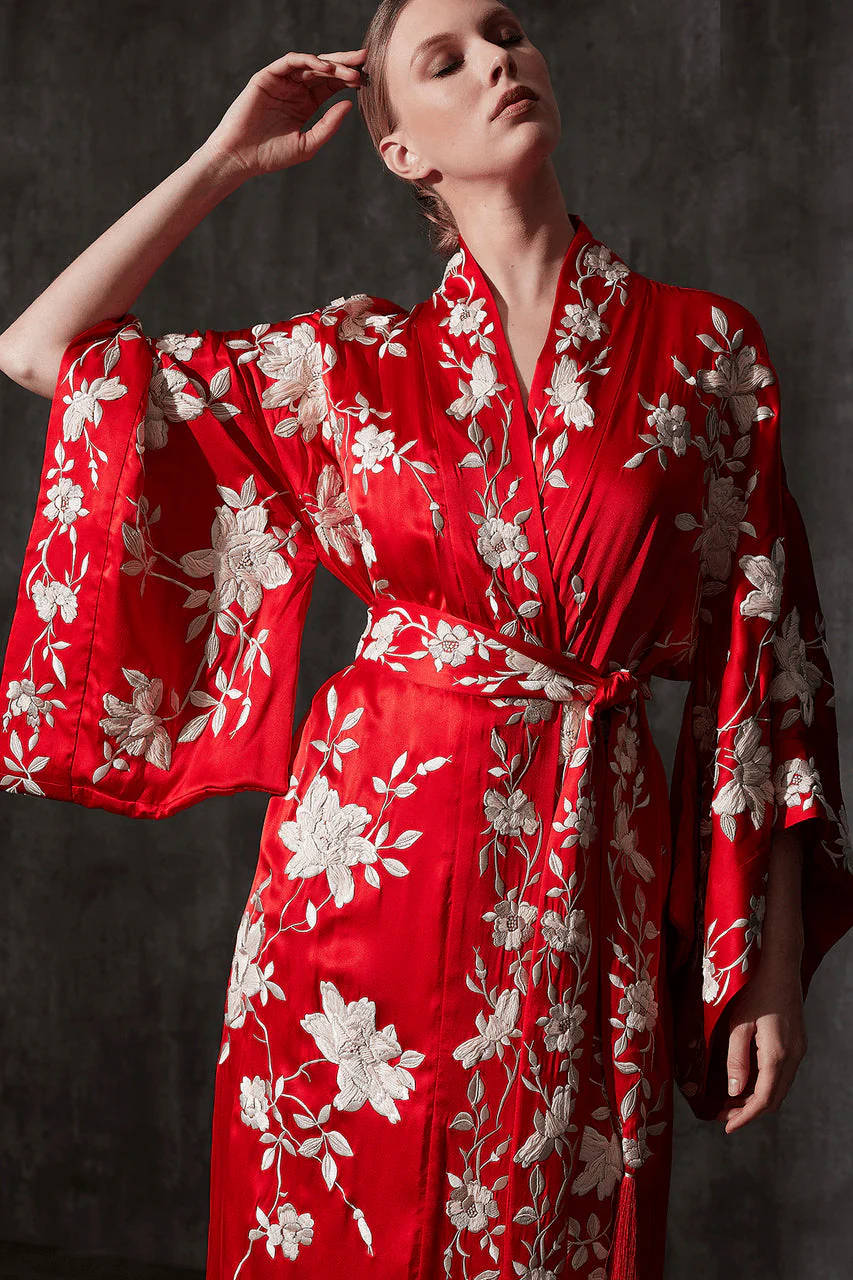 Key Essentials Embroidered Kimono Tassel Silk Robe - Image 3