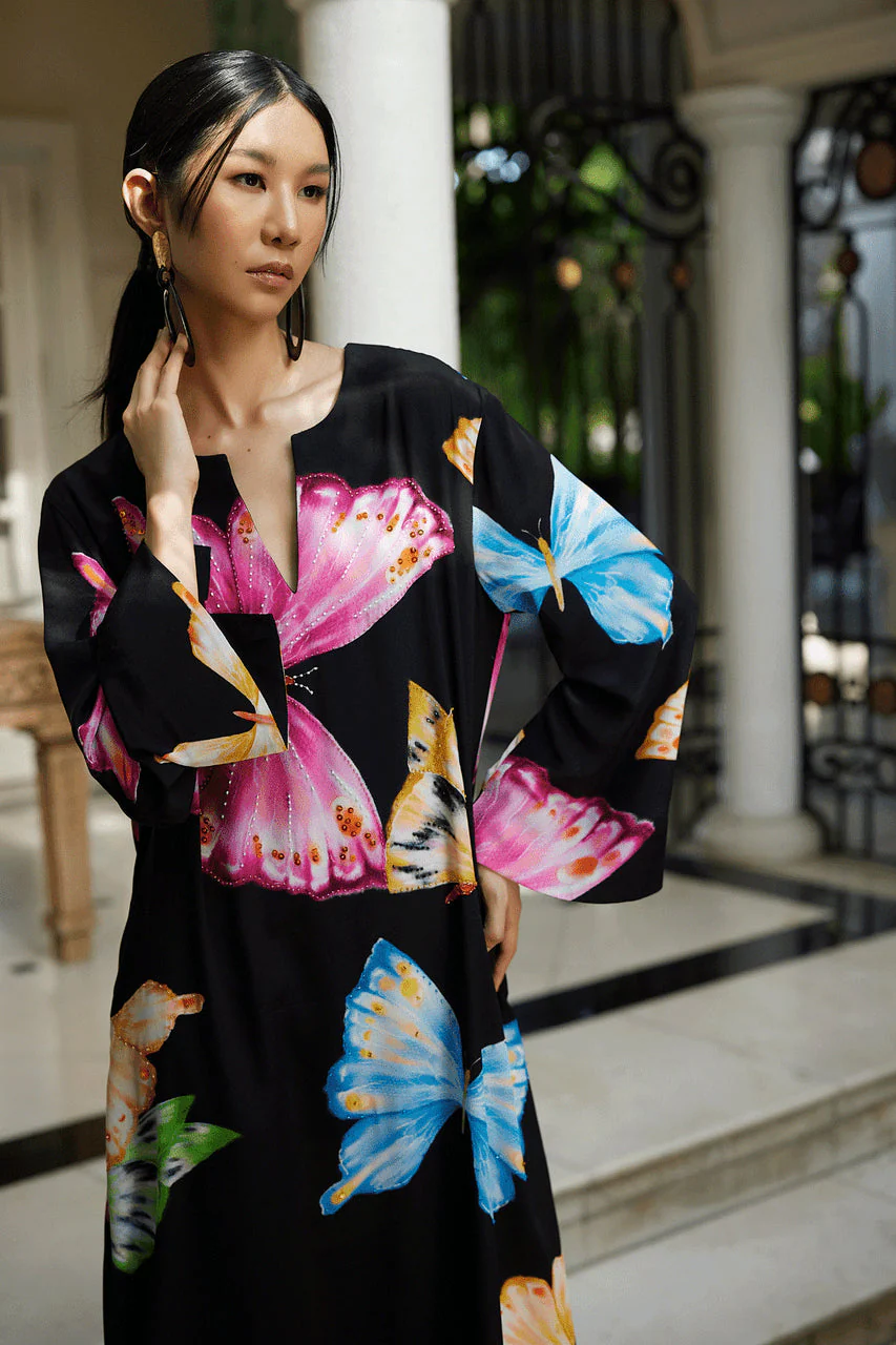 Kyoko Butterfly Beaded Silk Tassel Caftan - Image 3