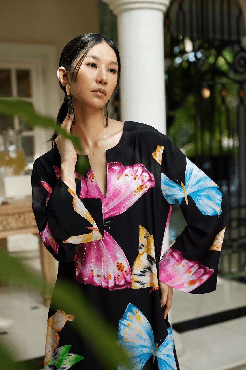 Kyoko Butterfly Beaded Silk Tassel Caftan - Image 4