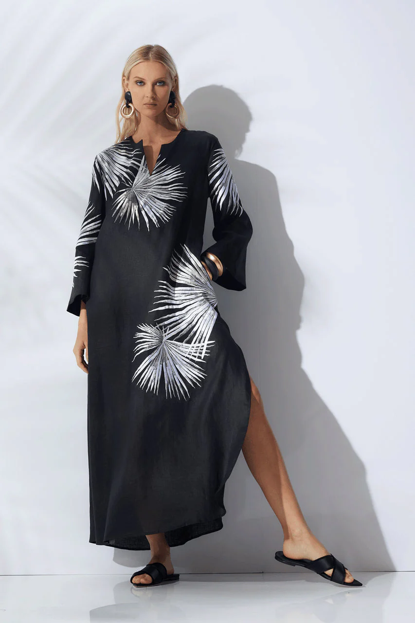 Linen Embroidered Tassel Belt Caftan - Image 2