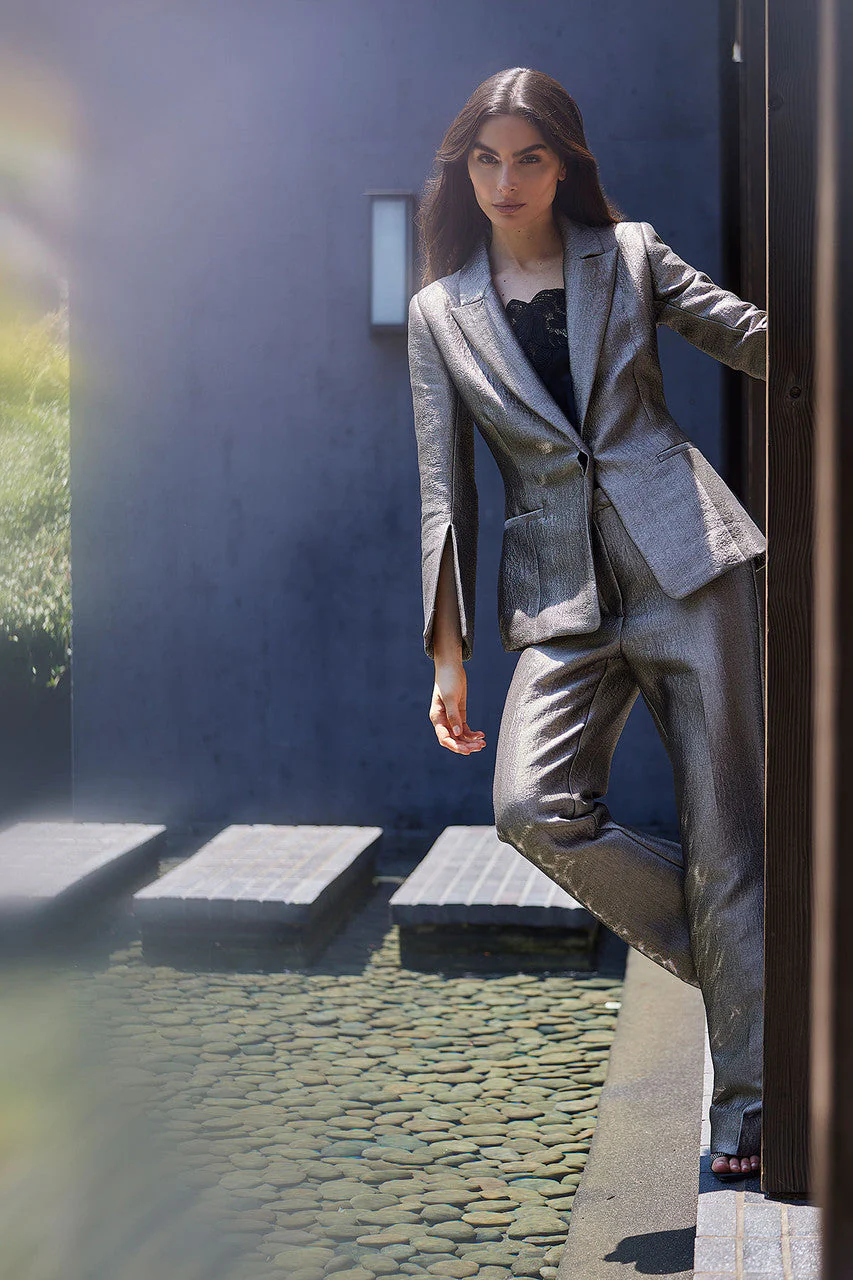 Metallic Jacquard Zip Front Trousers - Image 4
