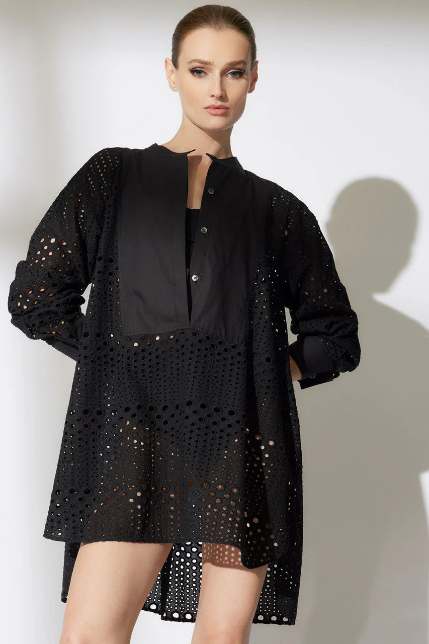 Round Eyelet Oversized Tuxedo Shirt