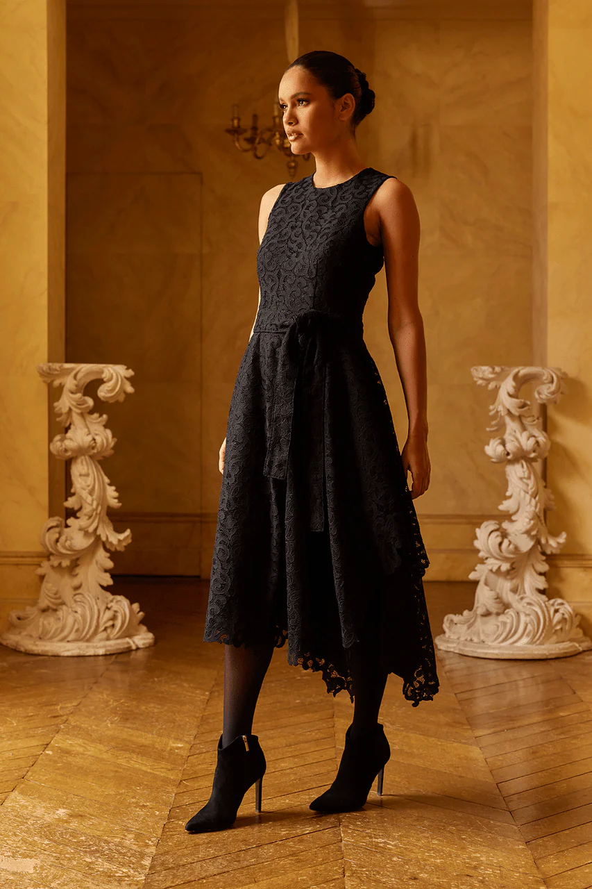 Scroll Lace Asymmetric Belted Dress - Image 7