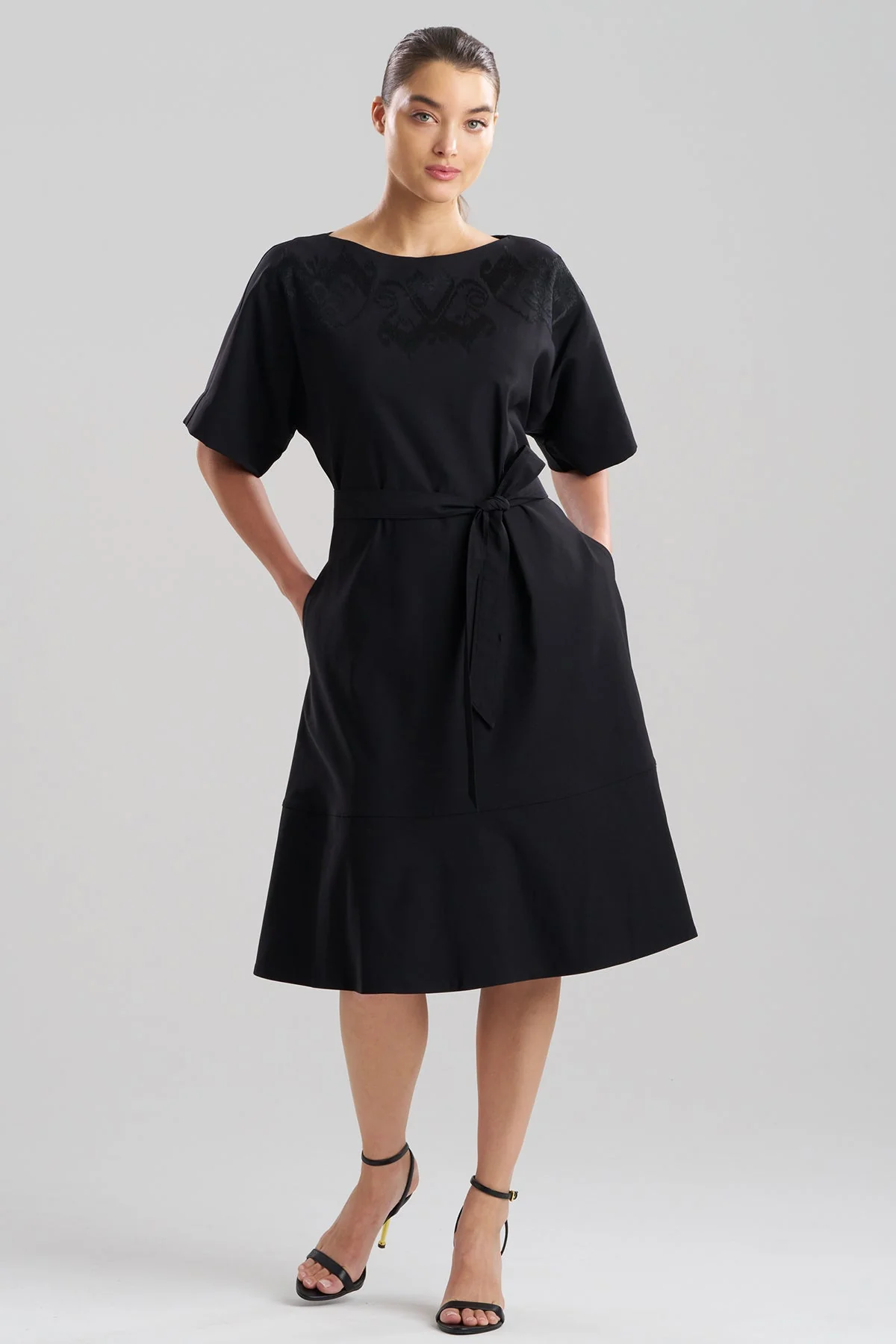 Solid Lightweight Woven Embellished Boatneck Dress - Image 2