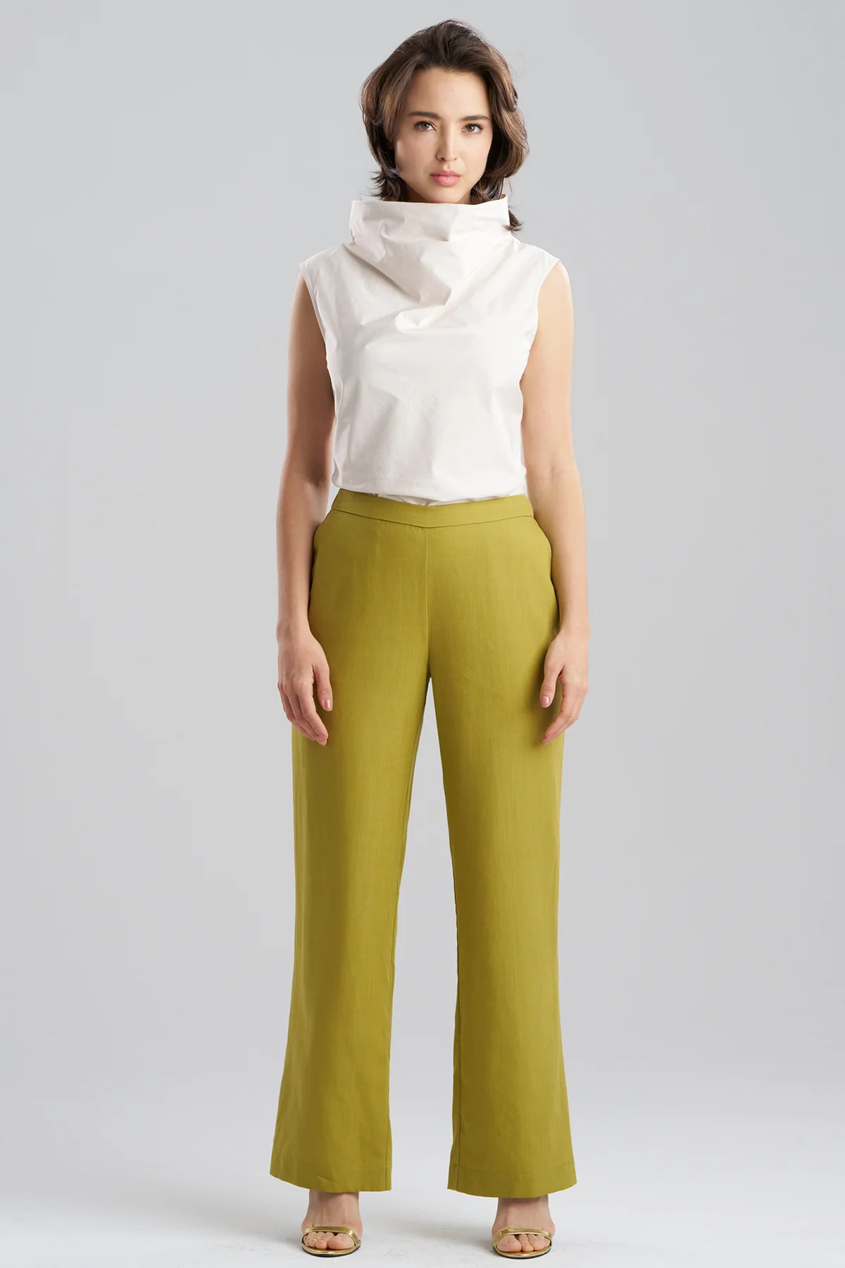 Solid Linen Pull On Straight Leg Pants - Image 2