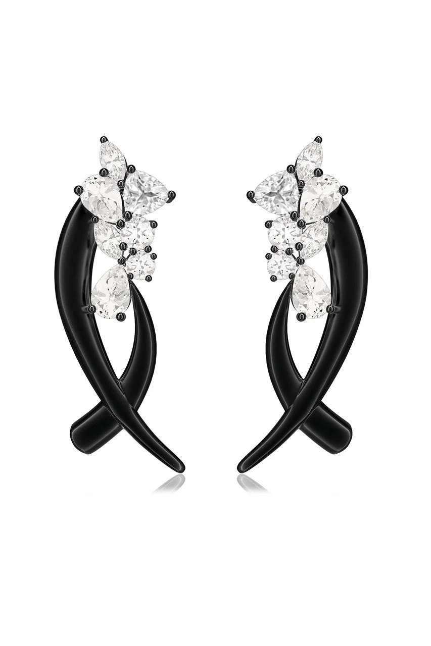 Sumi Stroke Midnight Silver Cascading White Topaz Stud Earrings - Image 3