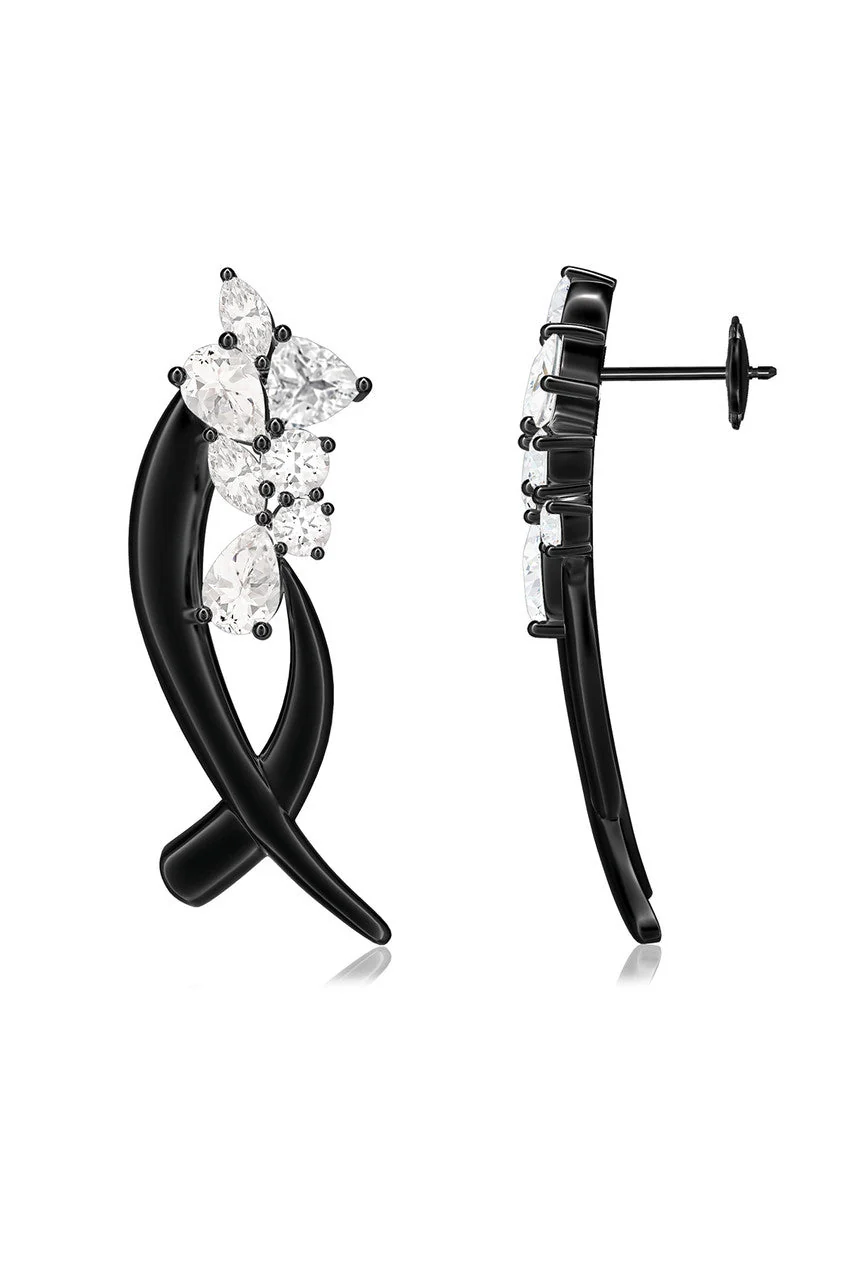 Sumi Stroke Midnight Silver Cascading White Topaz Stud Earrings - Image 4
