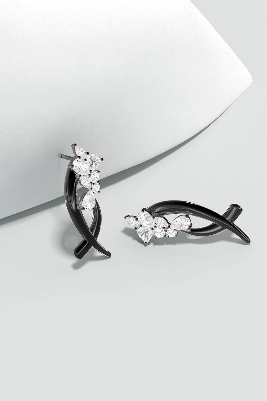 Sumi Stroke Midnight Silver Cascading White Topaz Stud Earrings - Image 5