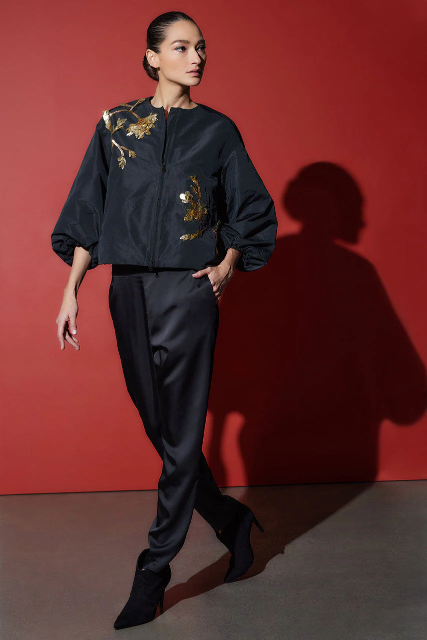 Taffeta Balloon Sleeve Beaded Bomber Jacket - Image 2