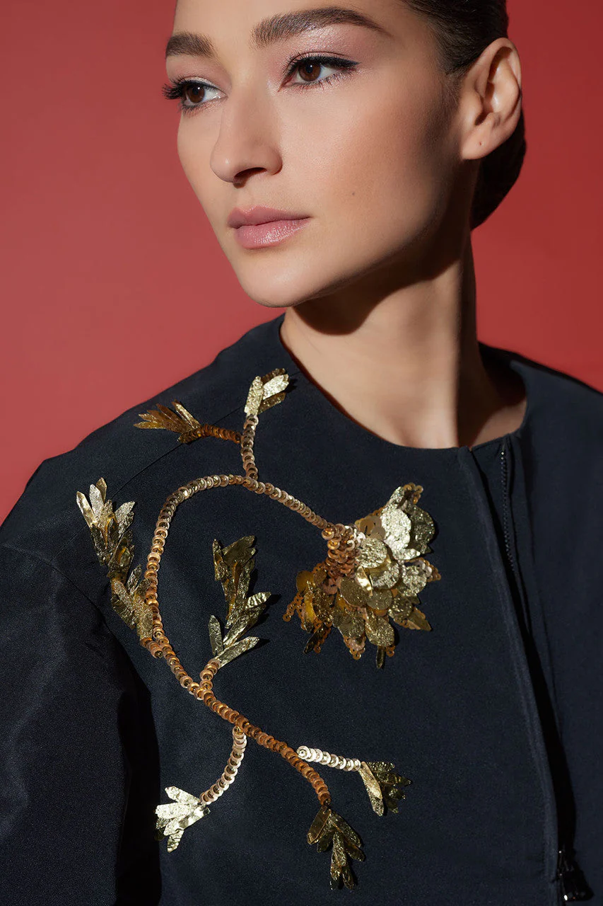 Taffeta Balloon Sleeve Beaded Bomber Jacket - Image 5