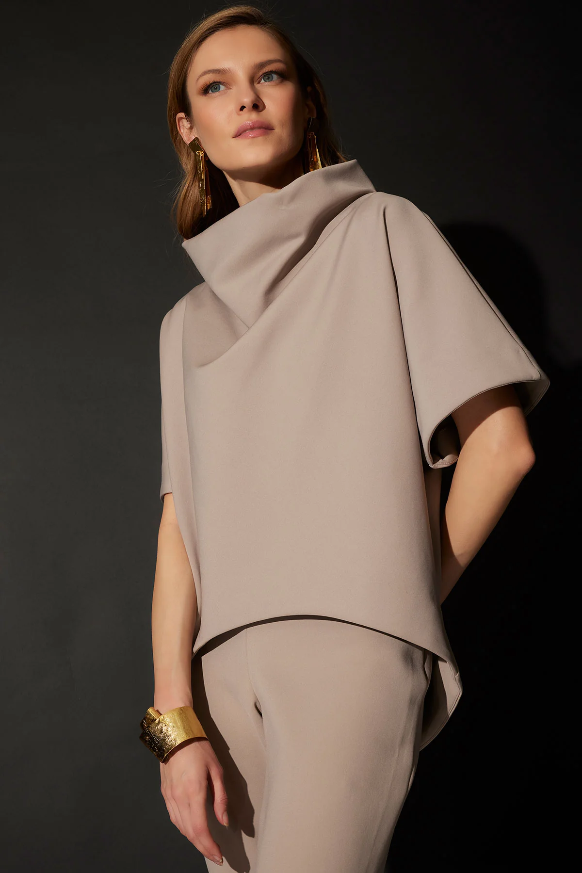 Techno Crepe Funnel Neck High Low Top