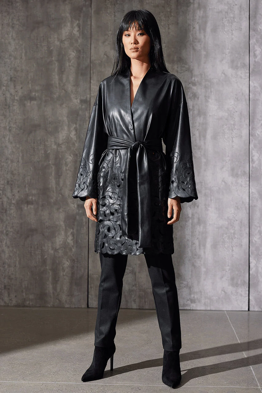 Vegan Luxe Lambskin Embroidered Scroll Coat - Image 3