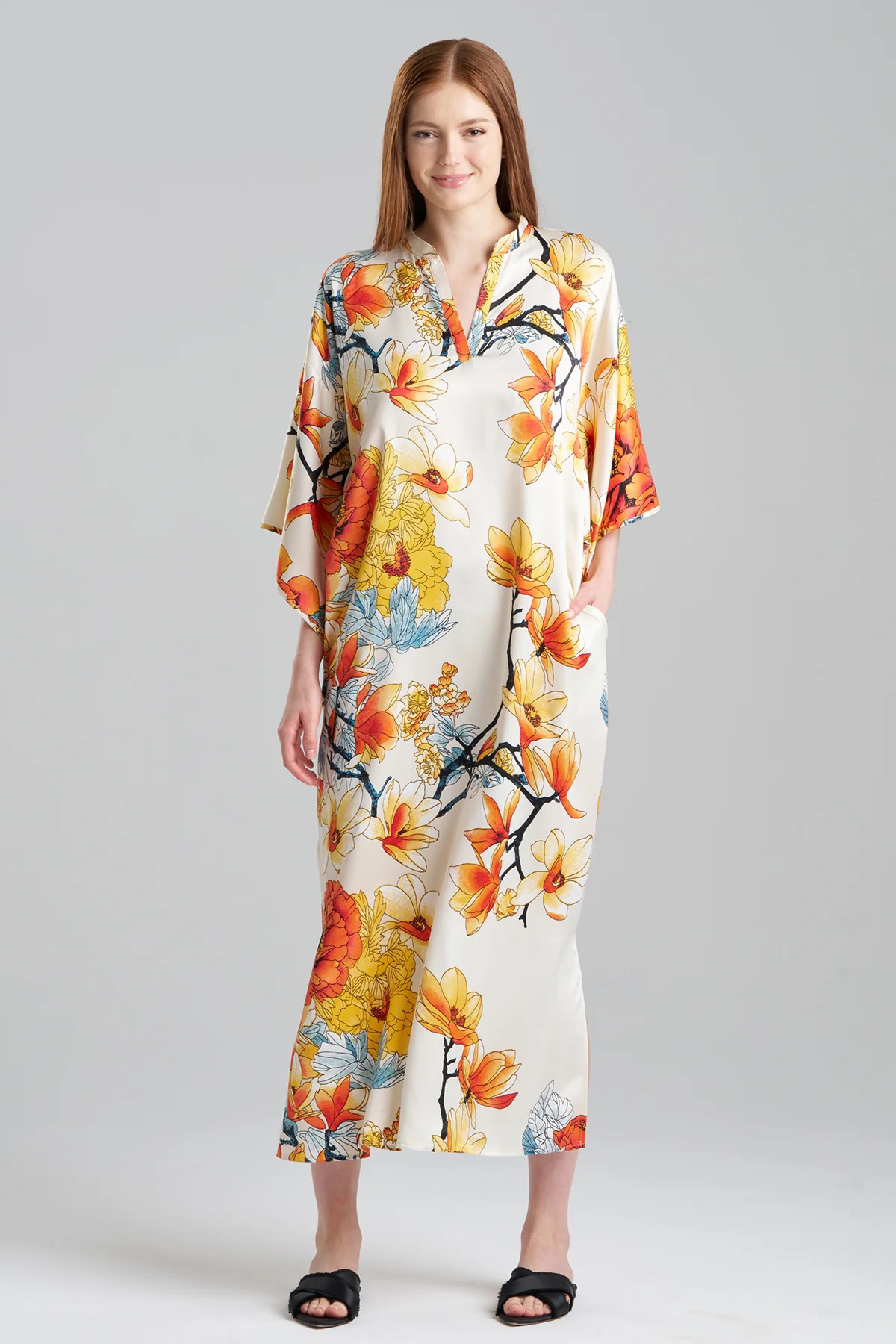 Winter Peony Satin Mandarin Caftan