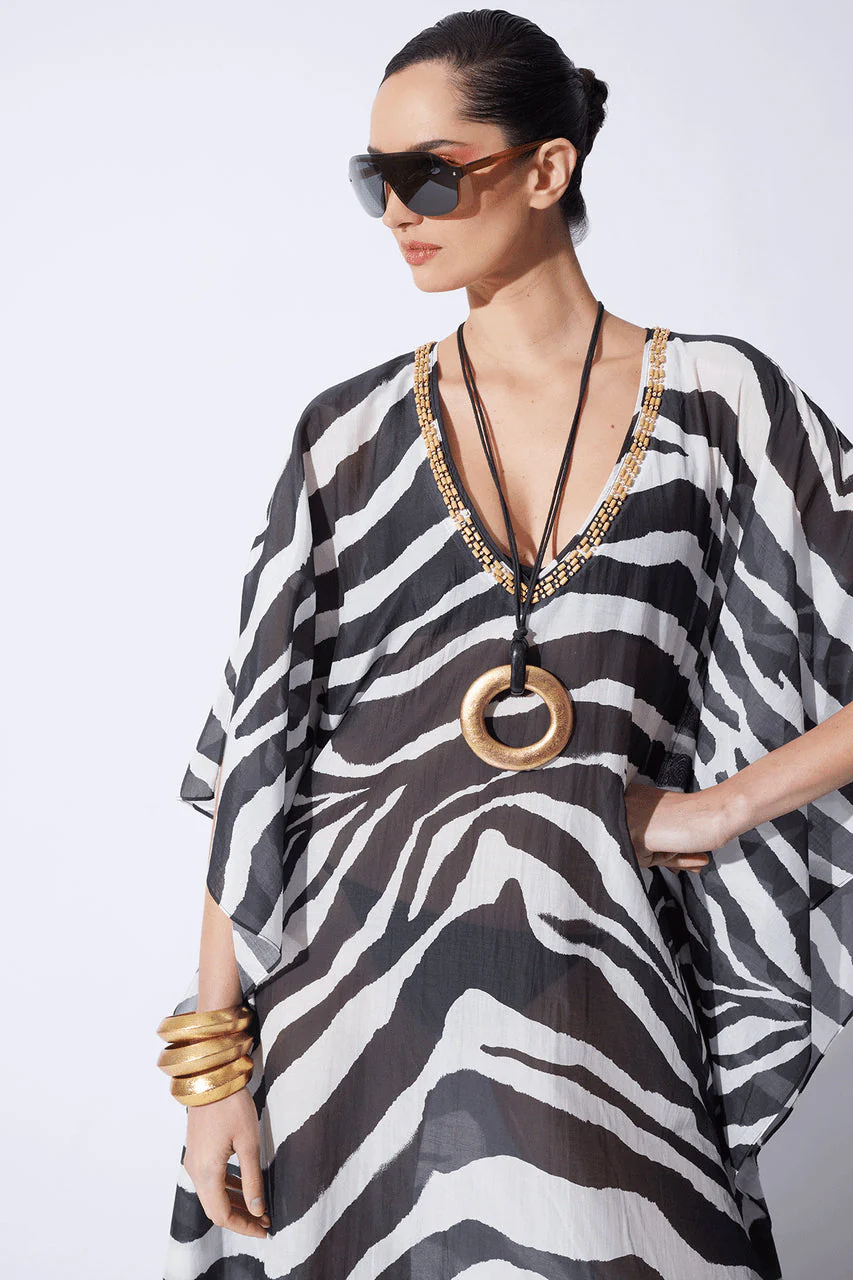 Zebra Cotton Silk Beaded Sheer Caftan - Image 5