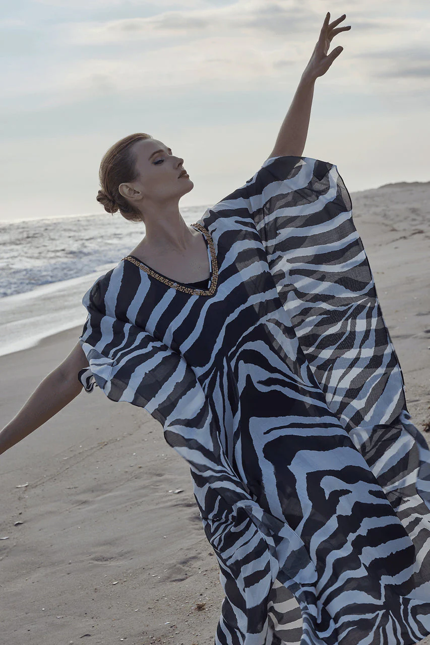 Zebra Cotton Silk Beaded Sheer Caftan - Image 6